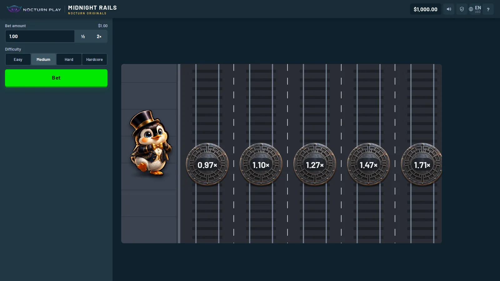Midnight Rails with Tux the penguin on the platform facing tracks marked with multiplier plates