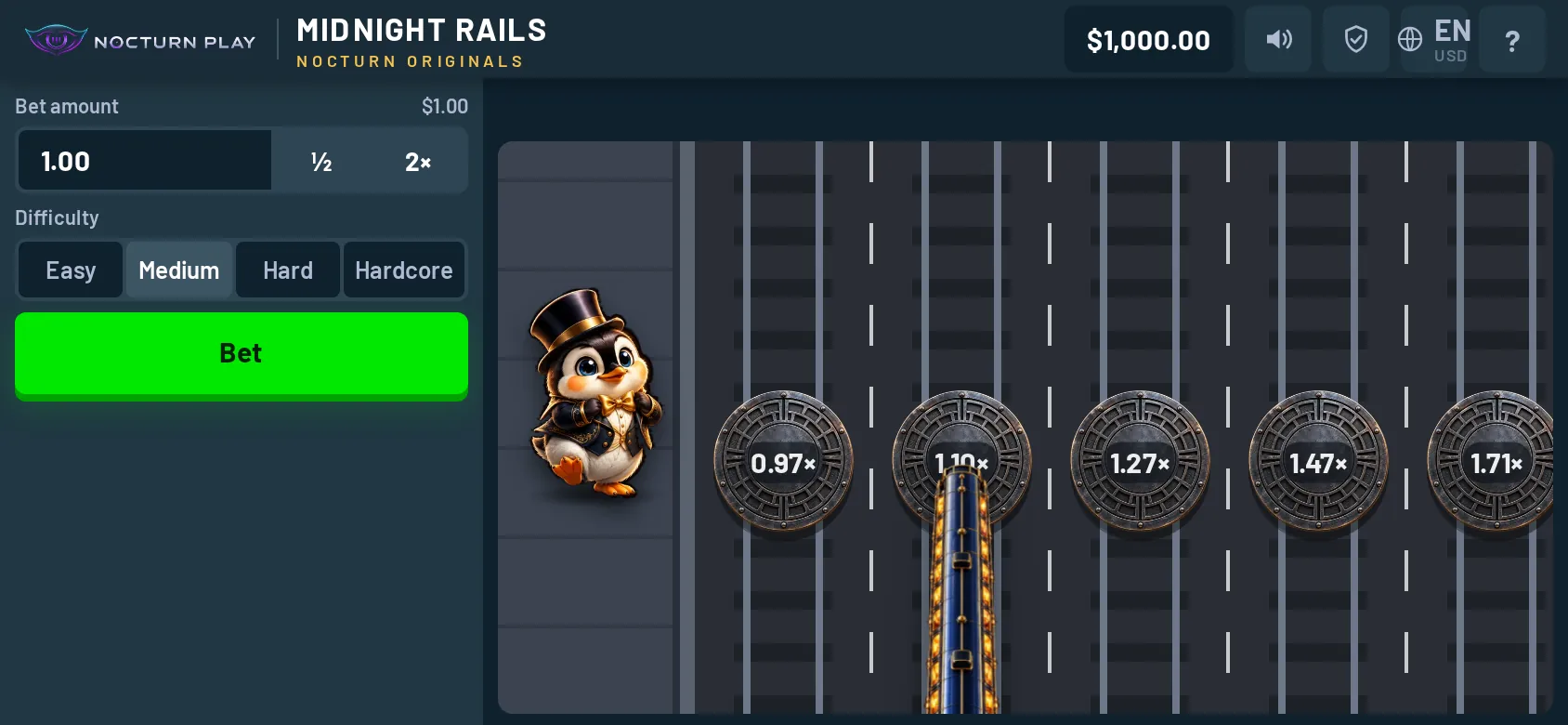 Midnight Rails in landscape on a phone, difficulty buttons on the left and the line on the right