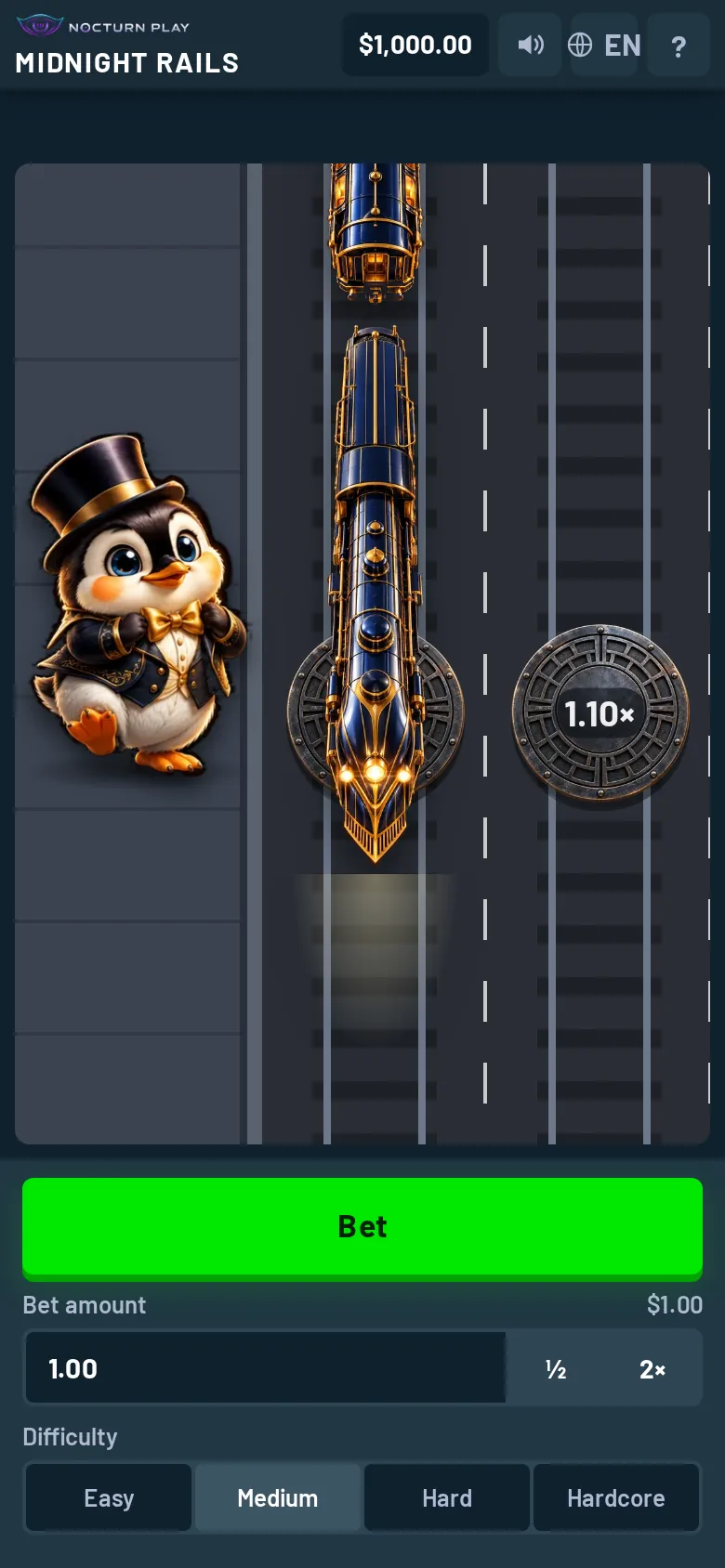 Midnight Rails on an upright phone, the tracks running up the screen above the bet panel
