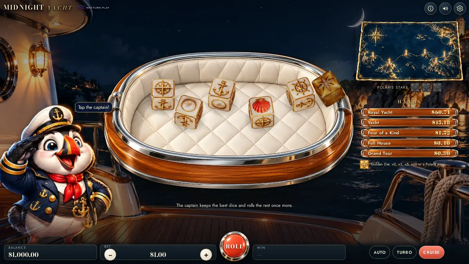 Midnight Yacht dice game, five pearl dice and the Golden Die in a cream leather tray on a yacht deck, puffin captain on the left, hand ladder and night chart on the right