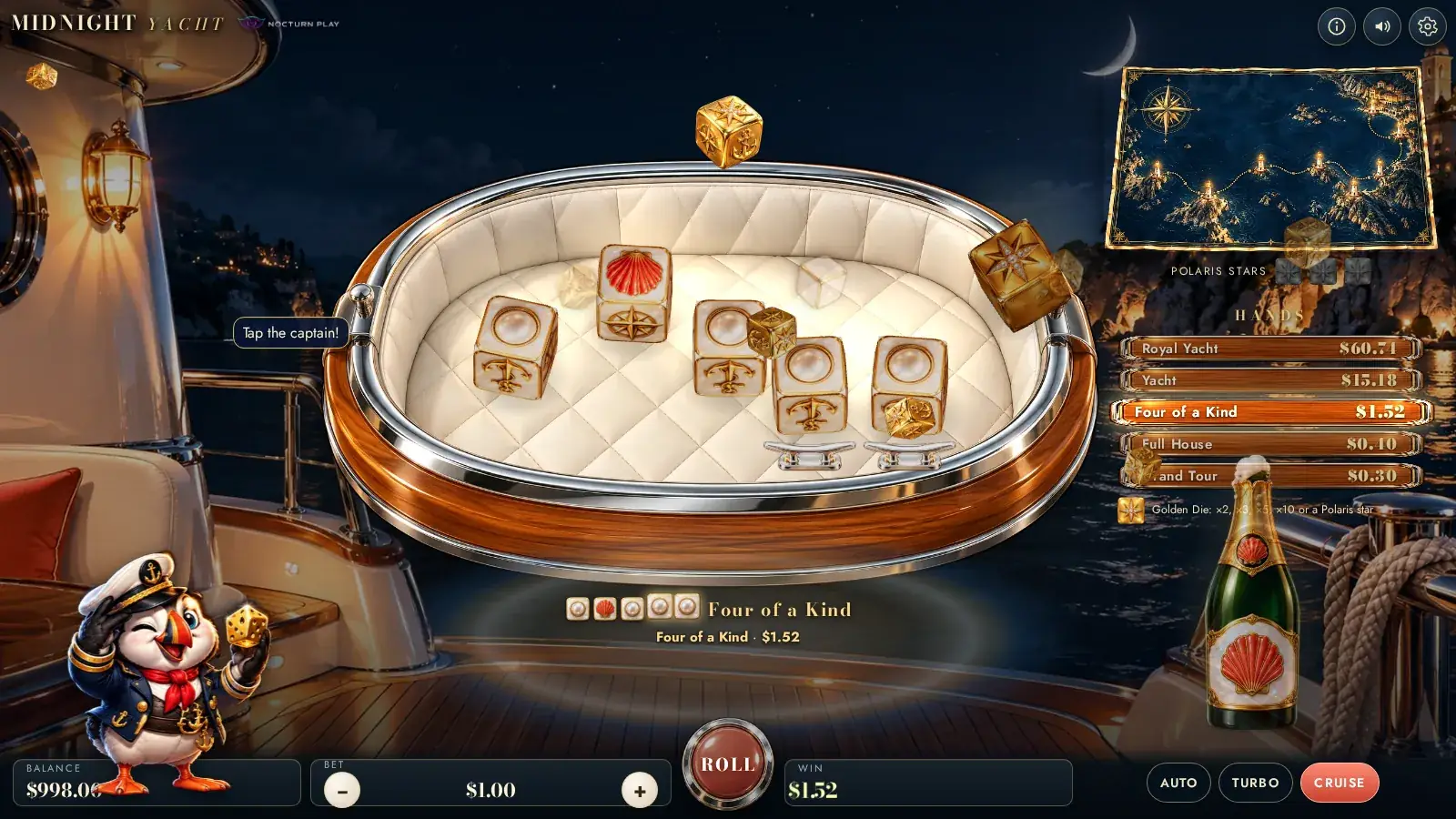 Midnight Yacht roll result with the winning hand highlighted on the ladder