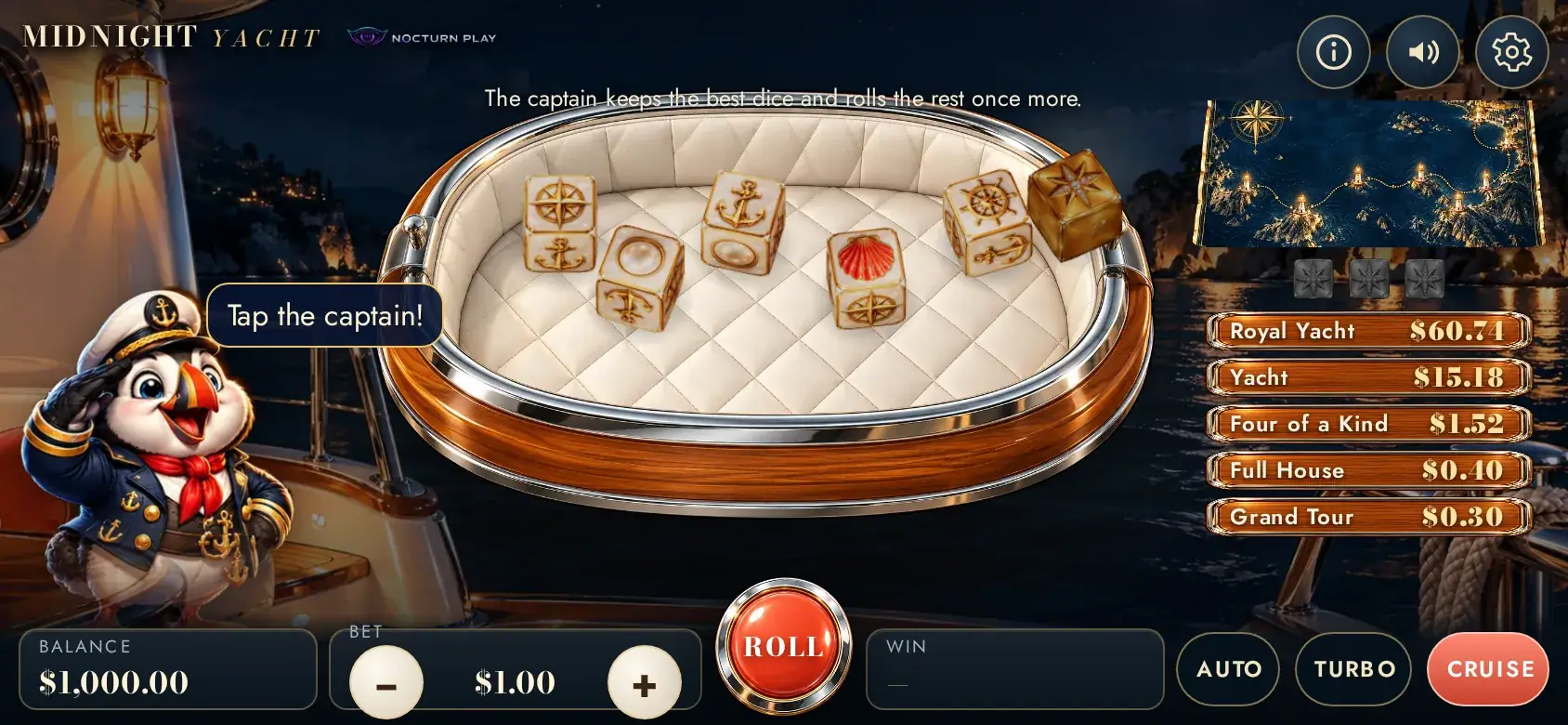 Midnight Yacht on a phone held sideways with the tray, the puffin captain and the Roll button