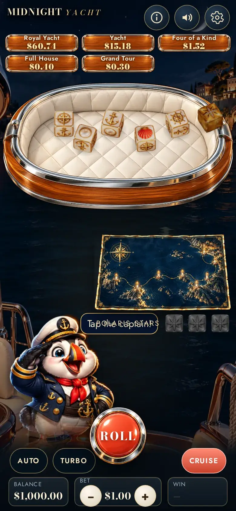 Midnight Yacht on an upright phone, hand ladder above the dice tray, Two Pairs shown under the dice and the night chart below