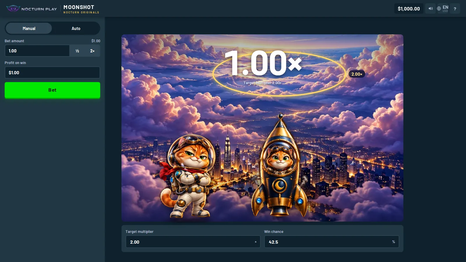 Moonshot limbo game, Cosmo the astronaut cat next to his brass rocket above a night city