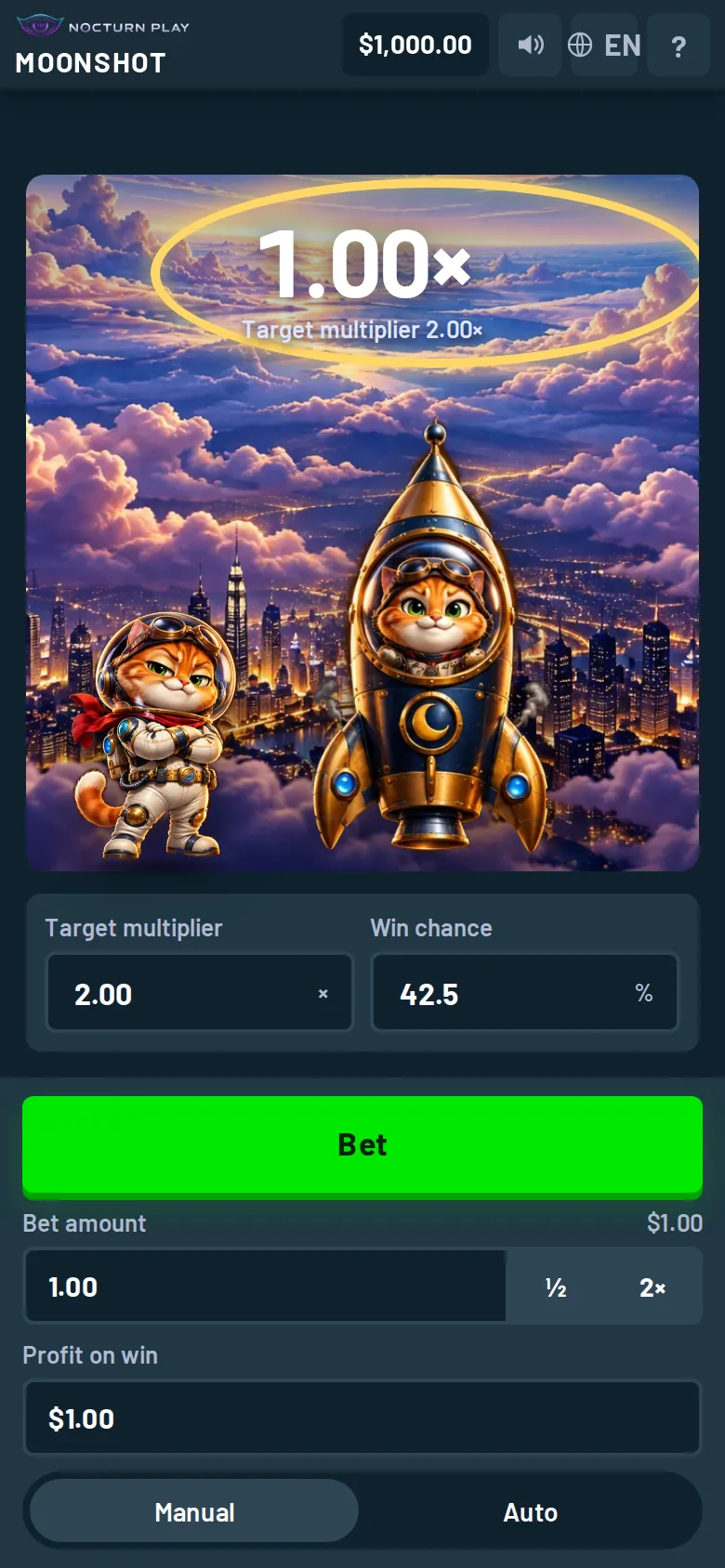 Moonshot on an upright phone with the bet amount, target multiplier and win chance fields