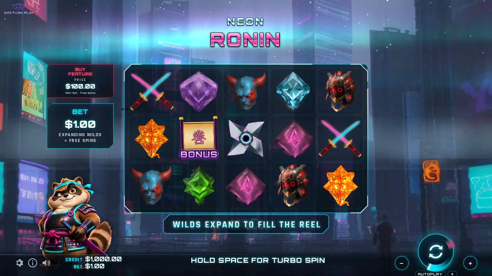 Neon Ronin slot, 5x3 reels over a rainy cyberpunk skyline with the tanuki samurai beside the grid