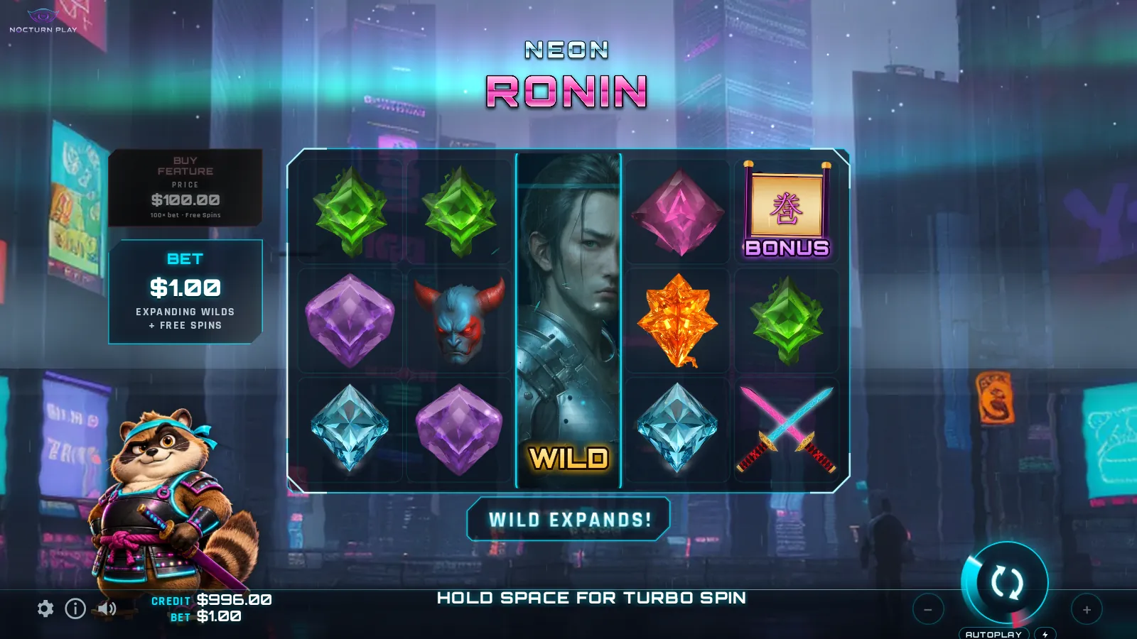 Neon Ronin base game with a Cyber Fox wild expanded to fill the third reel and a winning payline