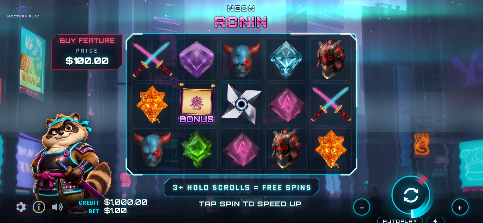 Neon Ronin free spins in landscape with two sticky wild reels and the win multiplier at ×3