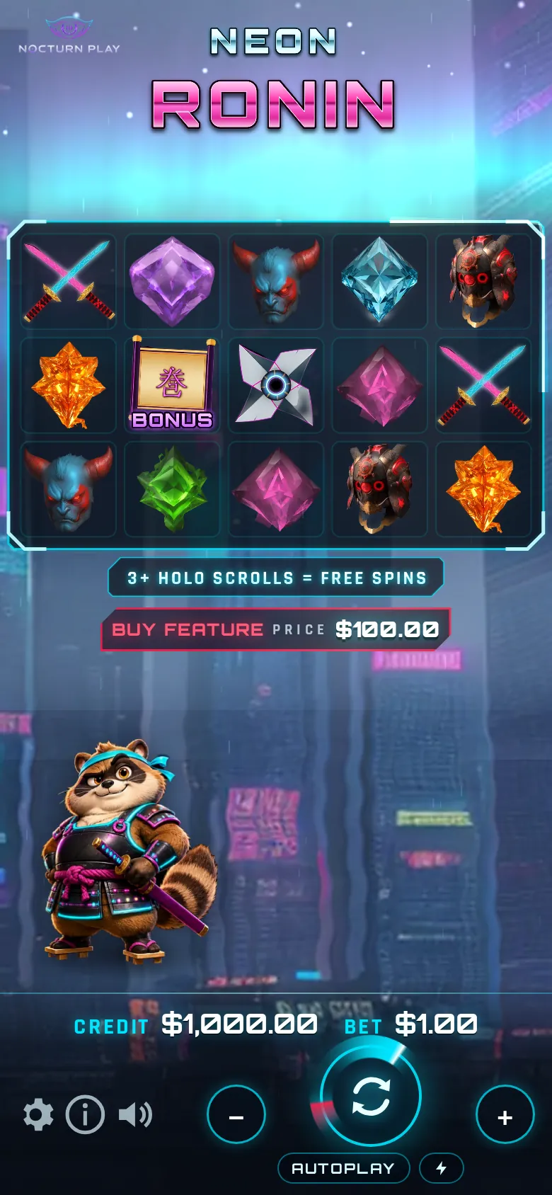 Neon Ronin on a phone held upright with the reels, bet controls and buy feature button