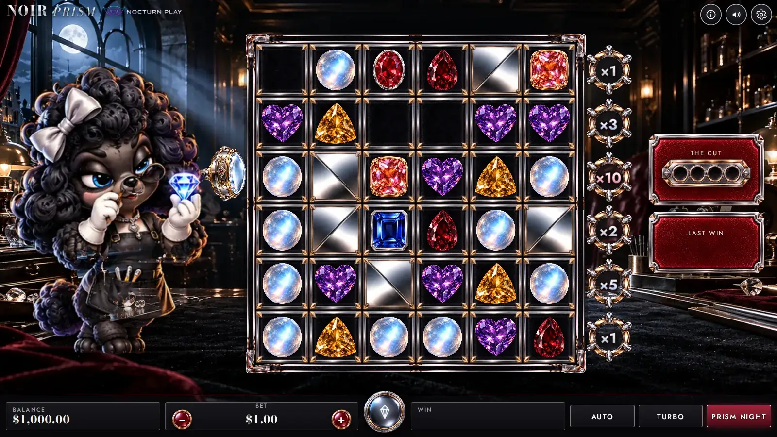Noir Prism gem slot, a 6x6 crystal table in a dark jeweller's atelier with moonlight through the window