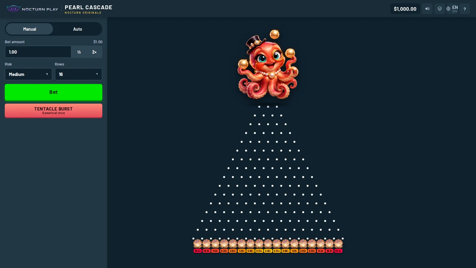 Pearl Cascade plinko board with Madame Olga the octopus above a pyramid of crystal pegs and clam cups