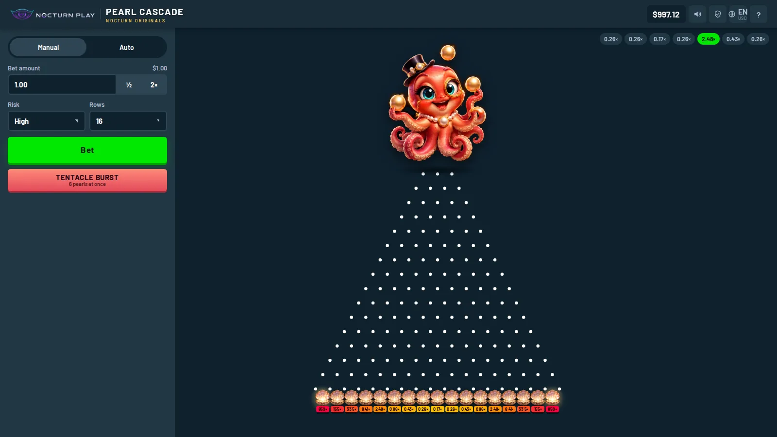 Pearl Cascade with several pearls bouncing through the pegs towards the clam cups
