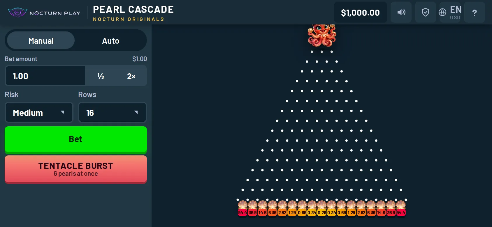 Pearl Cascade on a phone in landscape, risk and rows menus beside the board