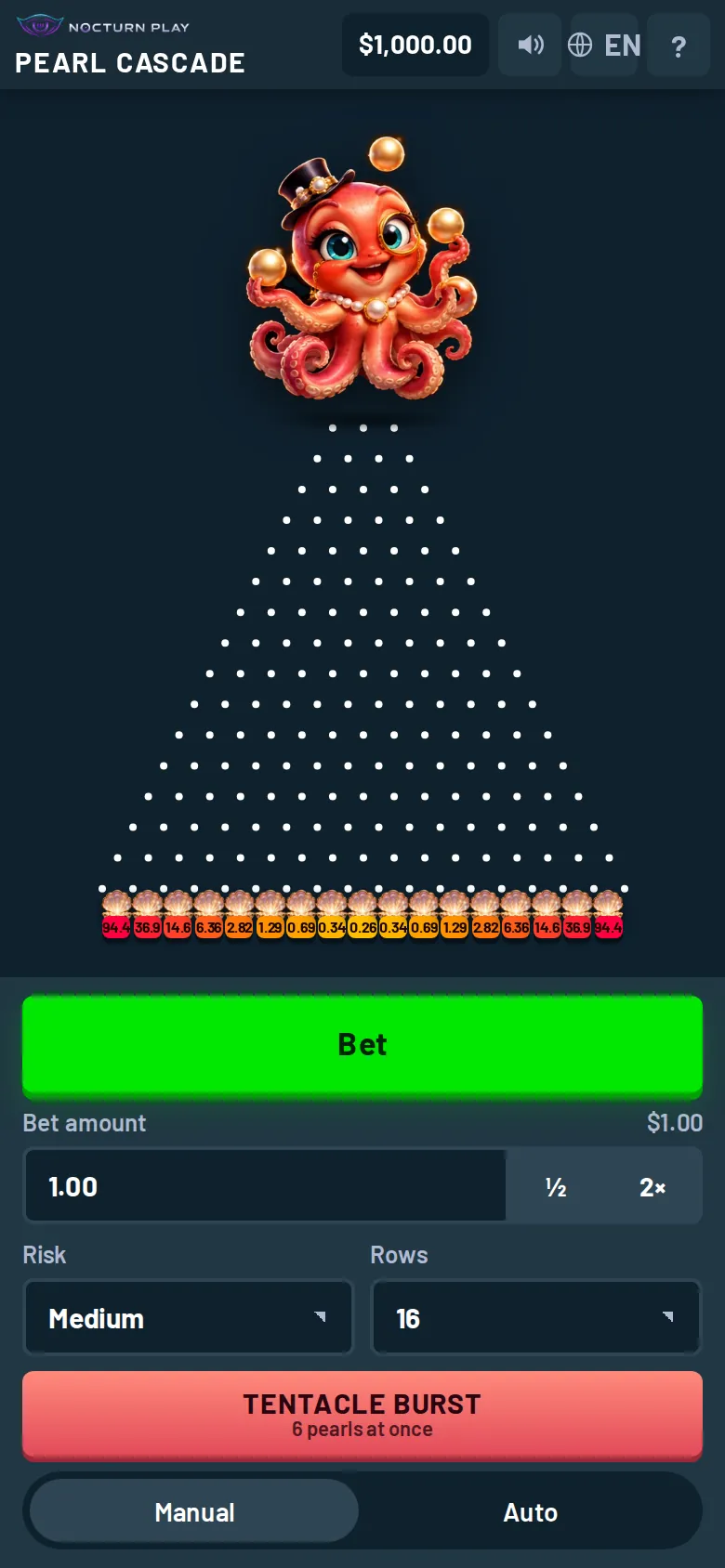 Pearl Cascade plinko on an upright phone, the peg pyramid filling the screen