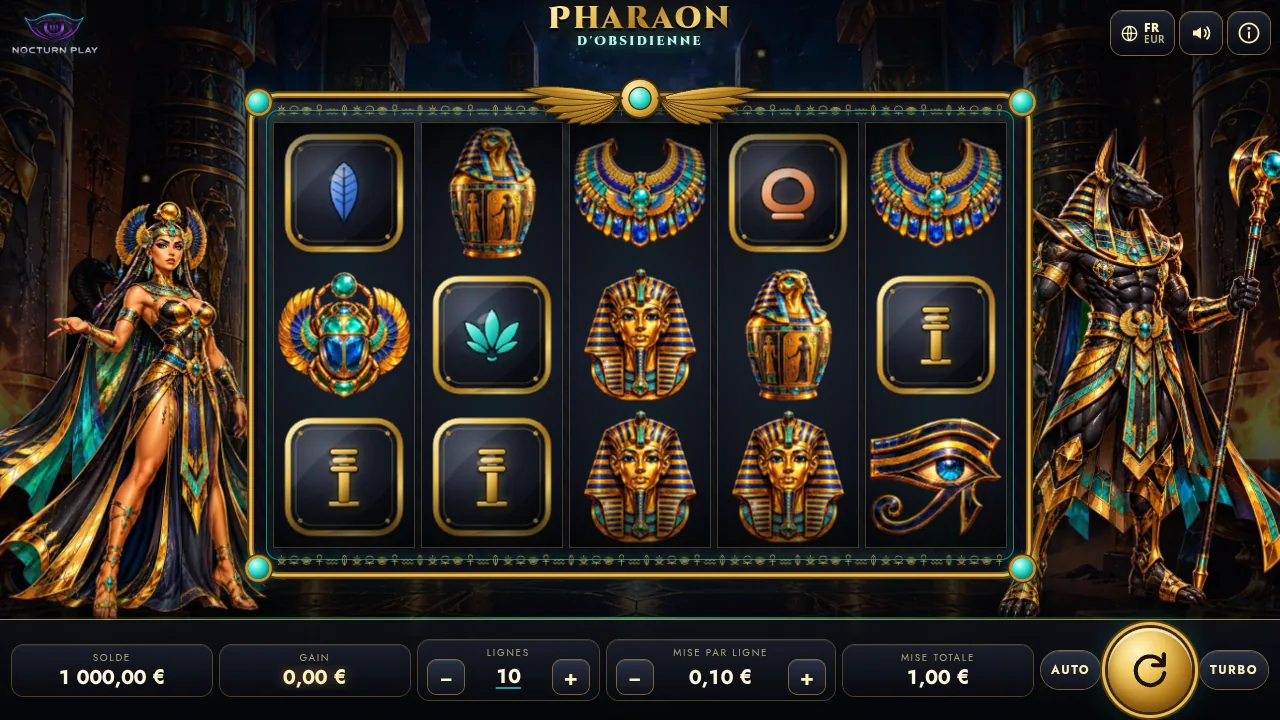 Obsidian Pharaoh Slot mit 5×3 Walzen im ägyptischen Tempel, Königin und Anubis-Wächter