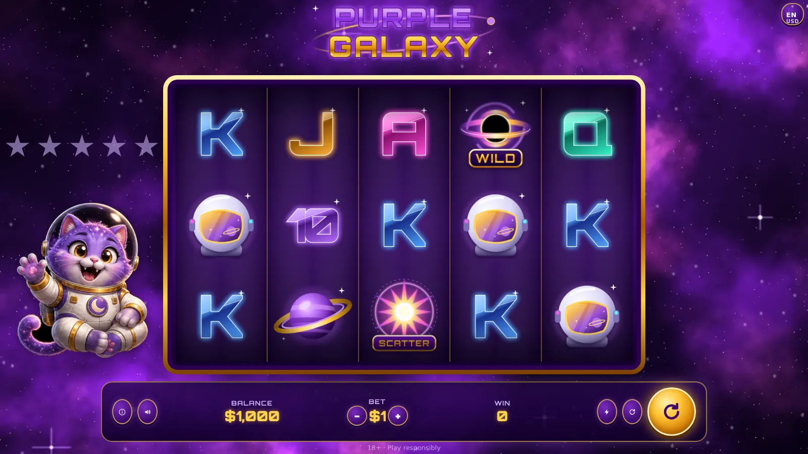 Purple Galaxy slot, 5x3 reels over a violet nebula with the astronaut cat mascot