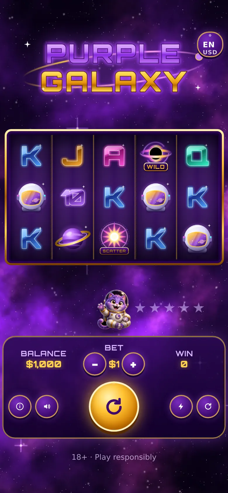 Purple Galaxy on an upright phone with the reels, bet buttons and Spin