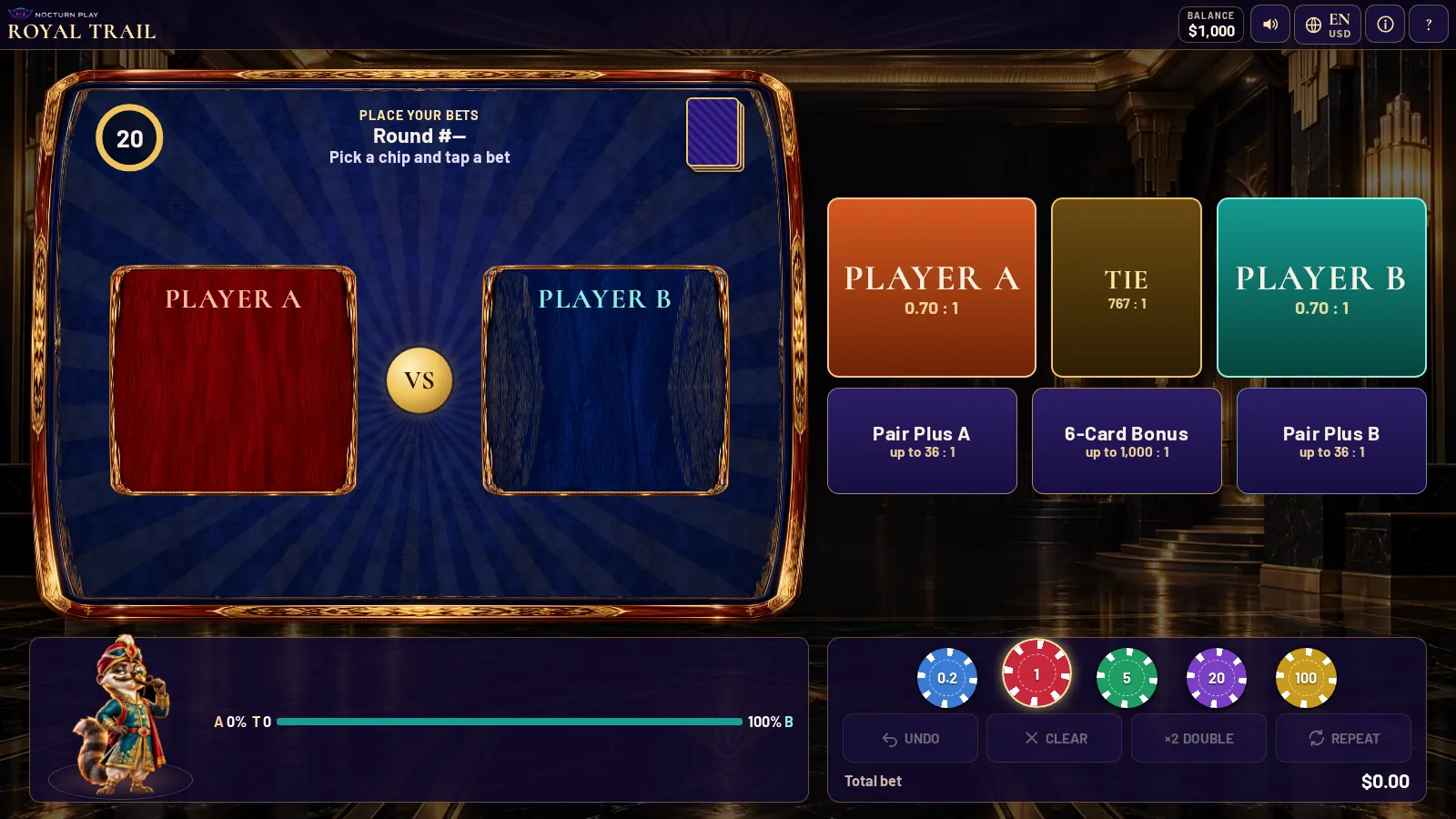 Royal Trail Teen Patti 20-20 table in a black marble and gold art deco hall, with the mongoose host in a turban
