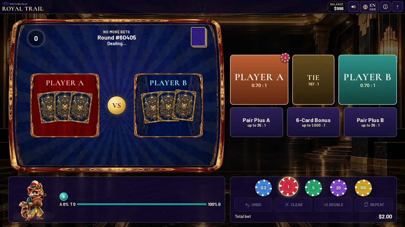 Royal Trail after the deal, Player A and Player B hands shown with their Teen Patti ranks and the winning side highlighted