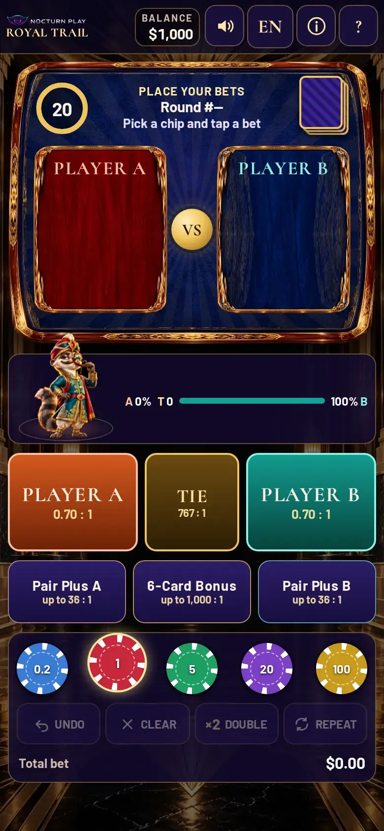 Royal Trail on an upright phone with the Player A, Player B, Tie, Pair Plus and 6-Card Bonus spots