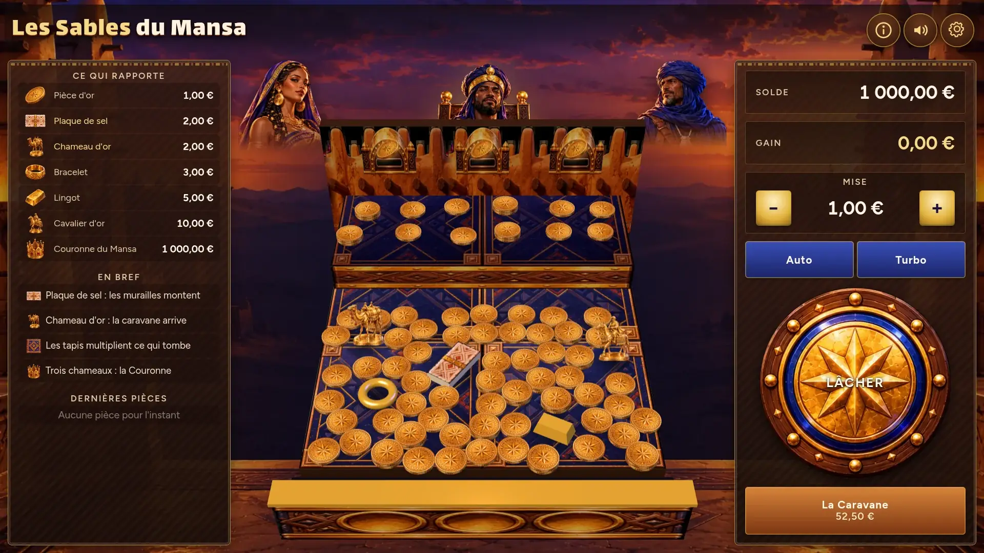 Sands of the Mansa at rest on a computer: What pays and In short on the left, the gold coin table in the centre with Sira, the Mansa and Kalifa behind it, balance, bet, Auto and Turbo on the right with the round Drop button and the orange Caravan button