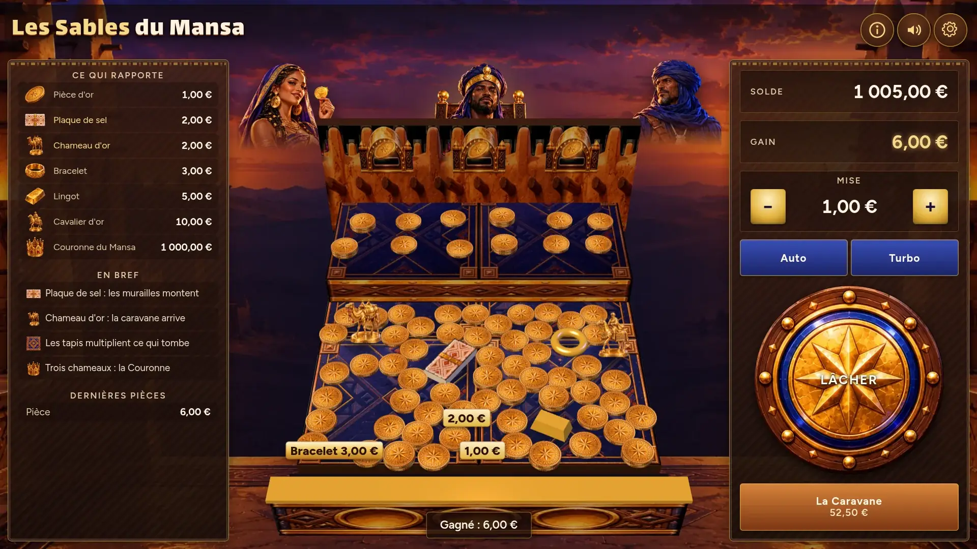 A win in Sands of the Mansa on desktop: a bracelet and gold coins tipping off the front ledge with their amounts shown, the Won banner, and Sira raising a gold coin