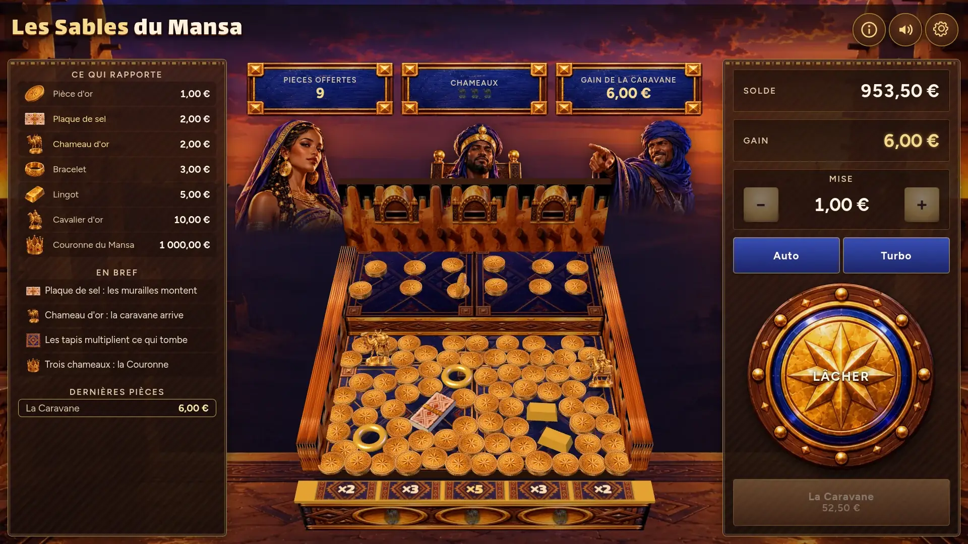 Kalifa's Caravan on a large screen: free coins, camels and caravan win counters above the table, royal carpets marked ×2 ×3 ×5 ×3 ×2 along the ledge, walls raised on both sides and Kalifa pointing ahead