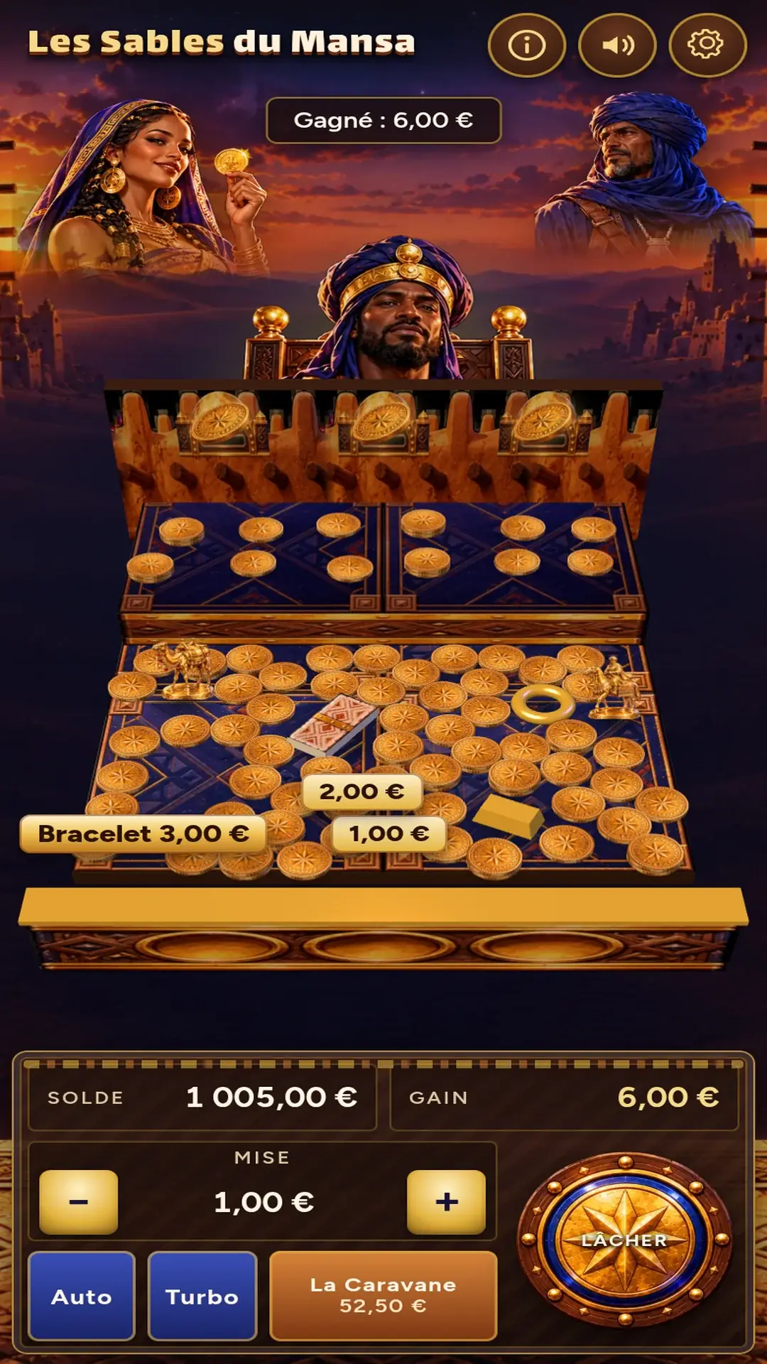 A win in Sands of the Mansa on a phone: a bracelet and several gold coins tumbling off the front ledge while Sira holds a coin up