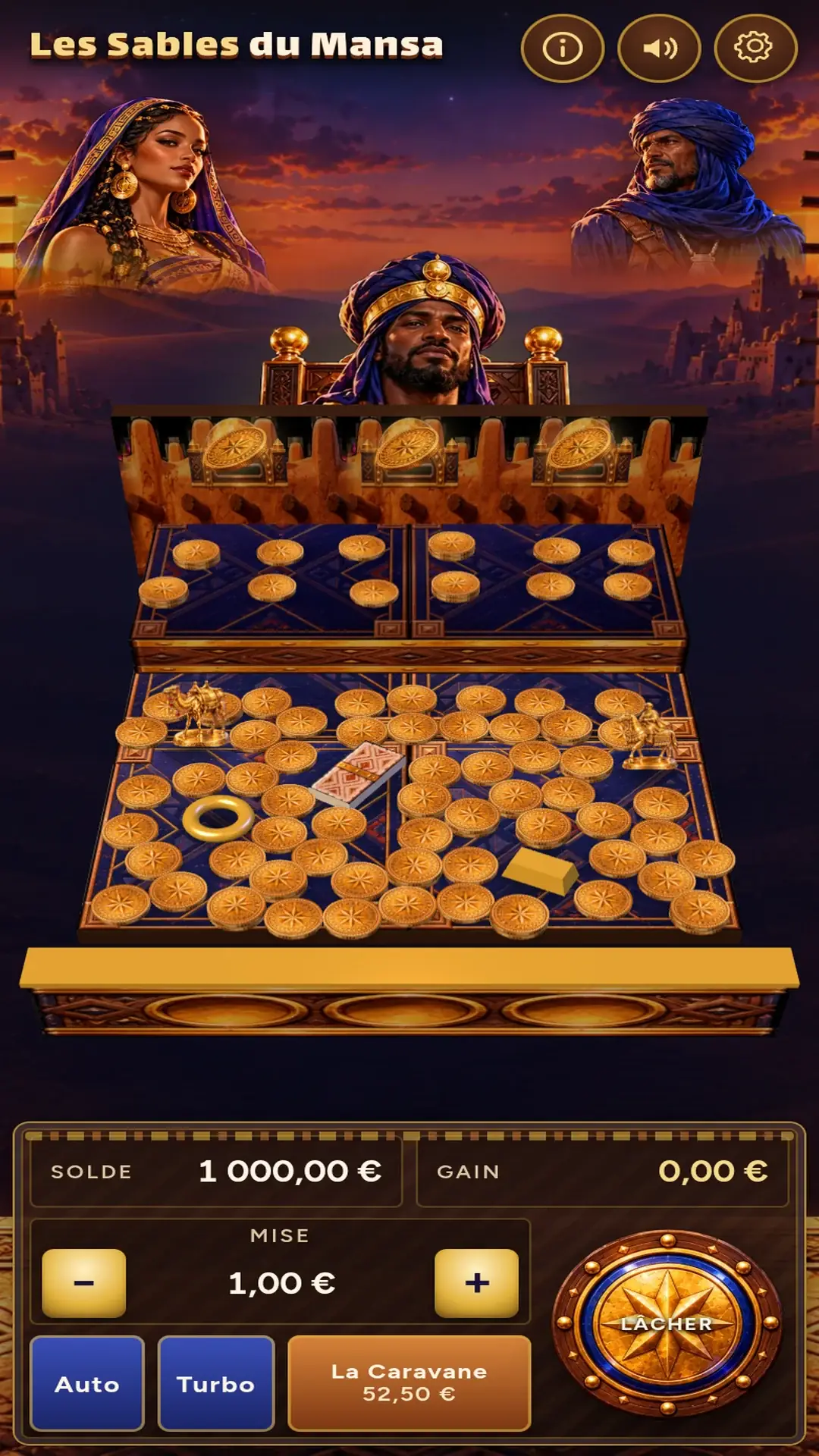 Sands of the Mansa on a phone held upright, Sira, the Mansa and Kalifa at the top, the coin table in the middle and the bet and Drop controls at the bottom