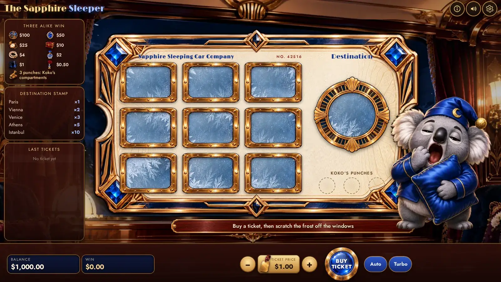 The Sapphire Sleeper scratch card on desktop, a gold-framed train ticket with nine frosted windows, the round Destination stamp and Koko the koala in pyjamas on the right