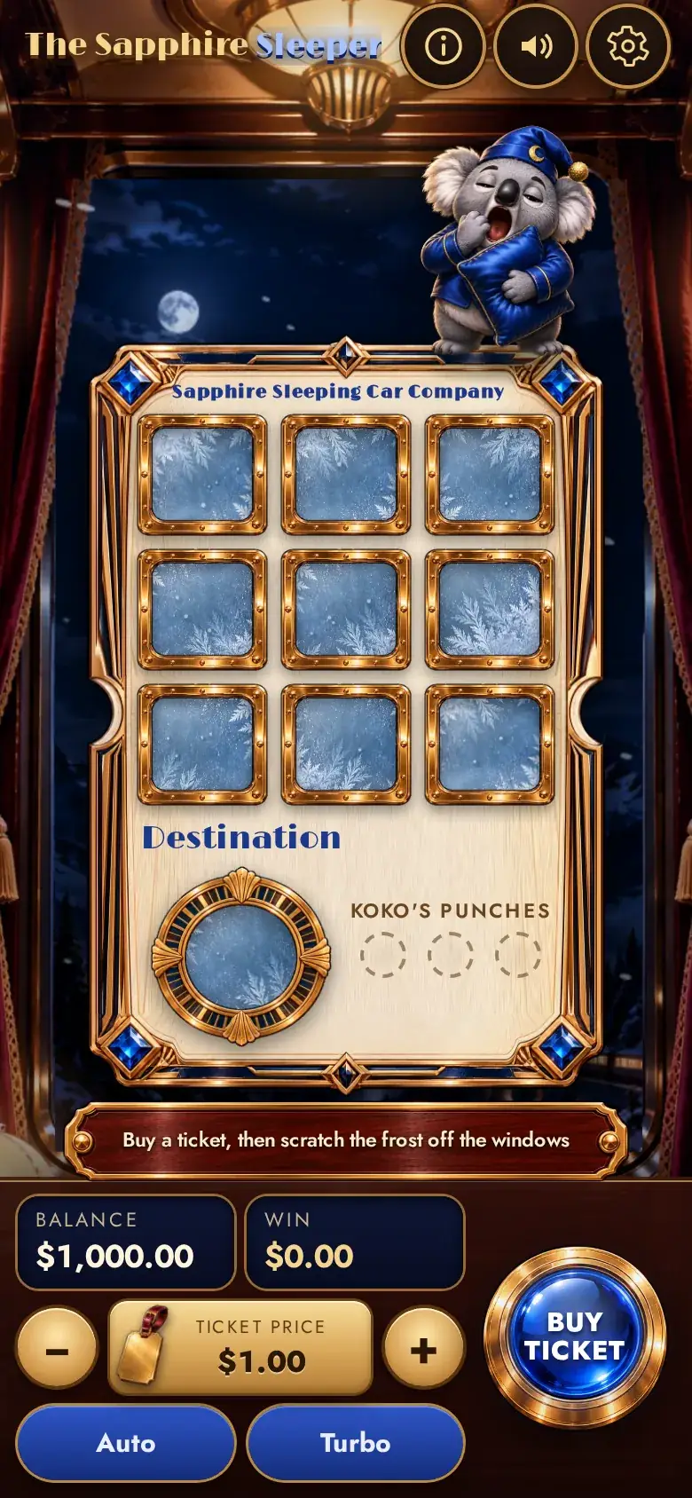 The Sapphire Sleeper on a phone held upright, a few windows scratched to show pearls and a top hat, frost still covering the rest