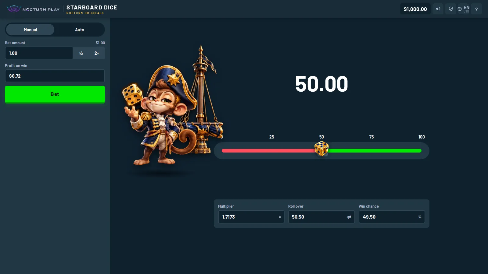 Starboard Dice with Admiral Mojo holding the golden die beside the 0 to 100 rail