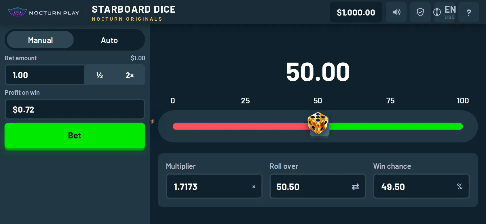 Starboard Dice on a phone in landscape, bet panel on the left and the rail on the right