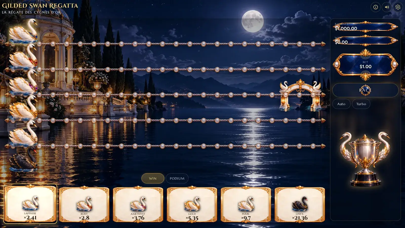 Gilded Swan Regatta, six swans at the start of rope lanes on a moonlit lake, swan cards with their odds below and a silver trophy on the right