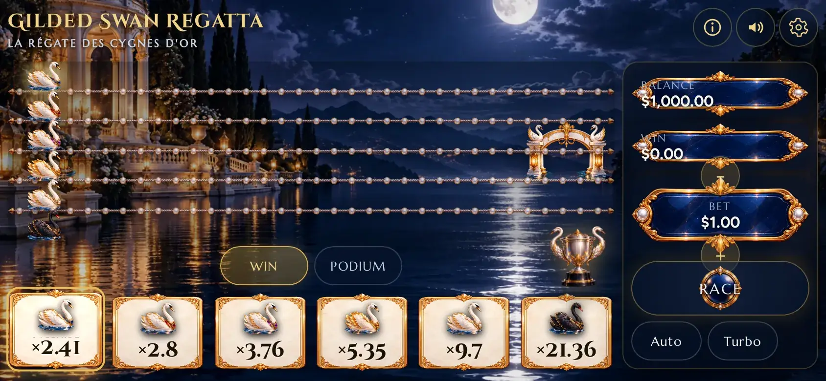 Gilded Swan Regatta on a phone held sideways, the lake and lanes across the screen