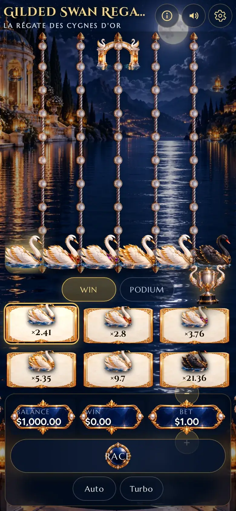 Gilded Swan Regatta on an upright phone, vertical lanes with the six swans, Win and Podium buttons and the swan cards