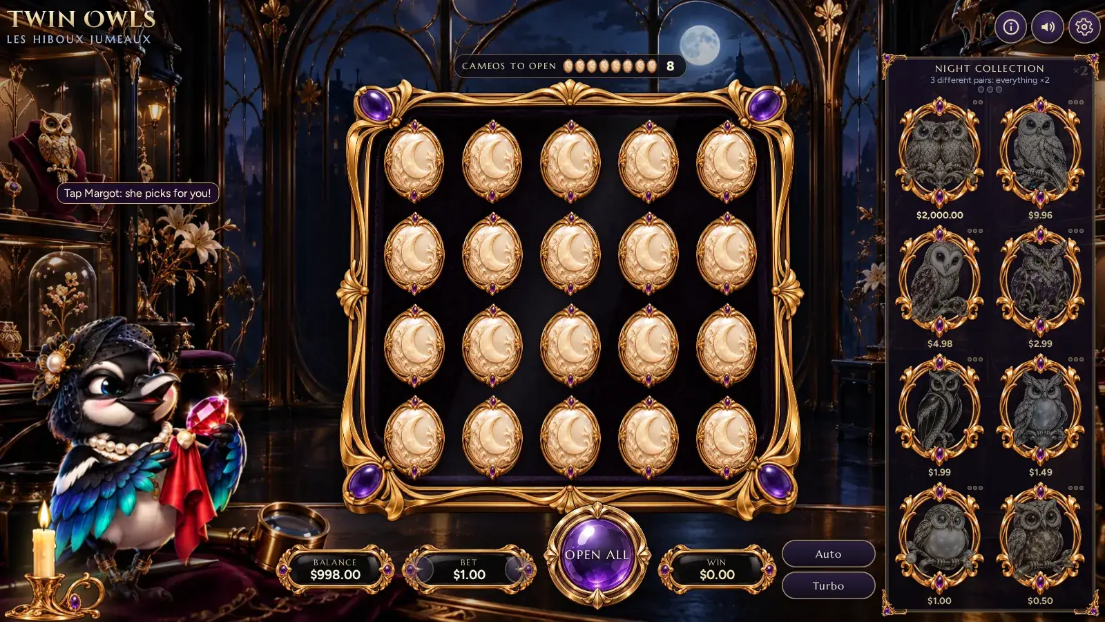 Twin Owls Night Collection panel listing the eight owl brooches with their pair prizes, from the Golden Twin Owls at the top, next to the cameos-to-open counter