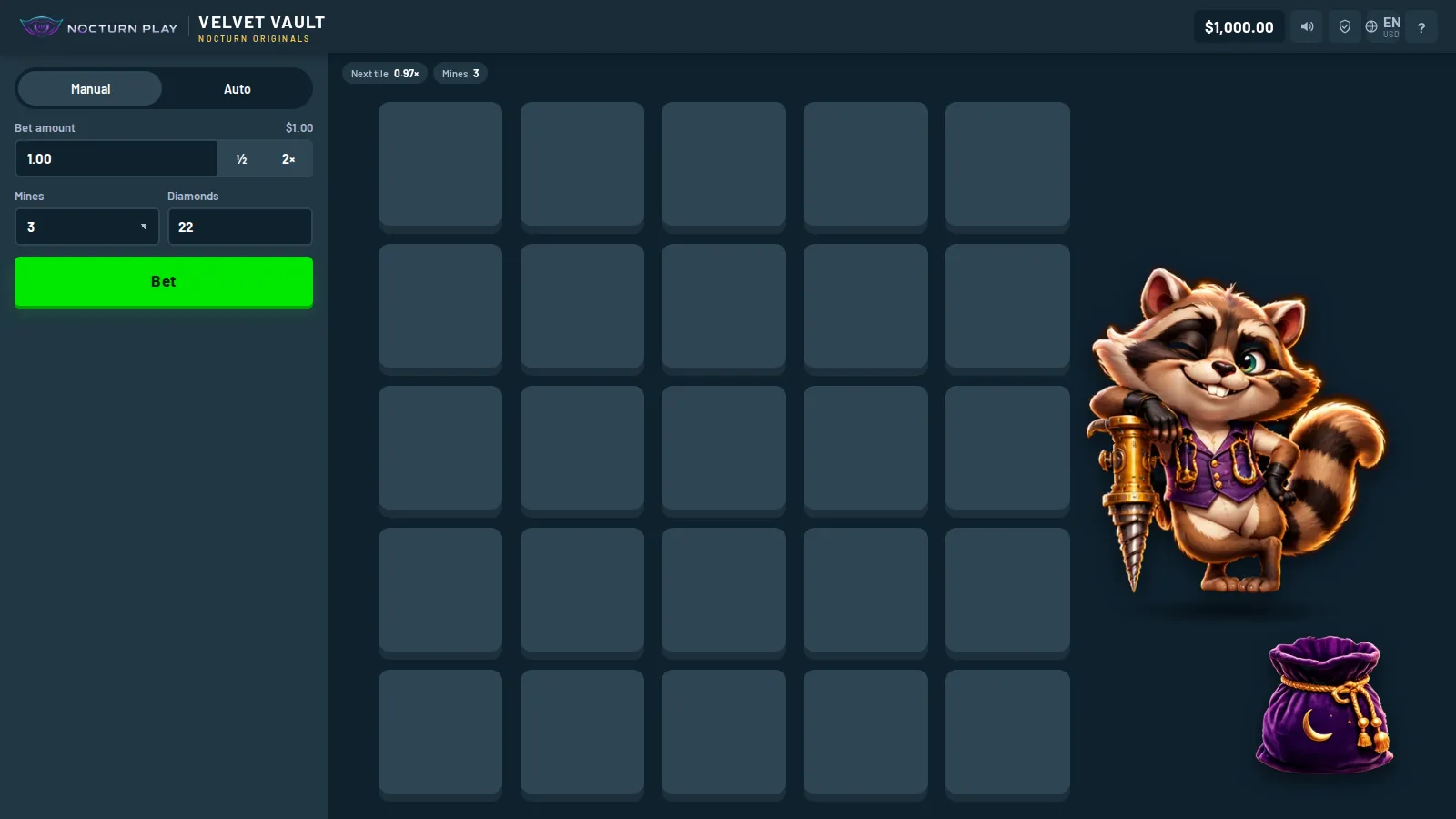 Velvet Vault mines grid of 25 tiles with Rocco the raccoon safecracker and his velvet loot sack