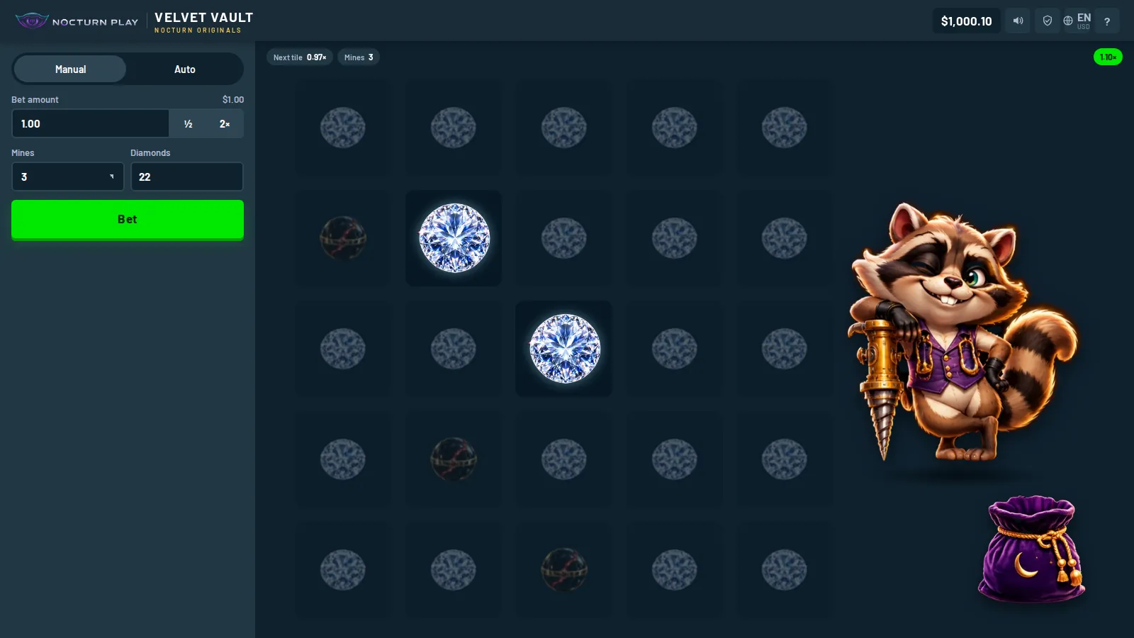 Velvet Vault in play, diamonds revealed on the grid and the multiplier rising