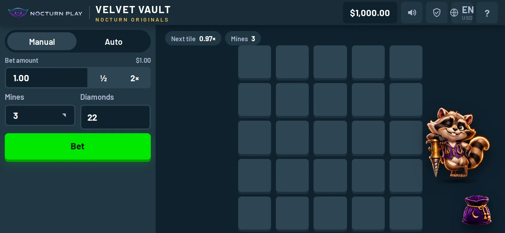 Velvet Vault on a phone in landscape, settings panel left and tile grid right