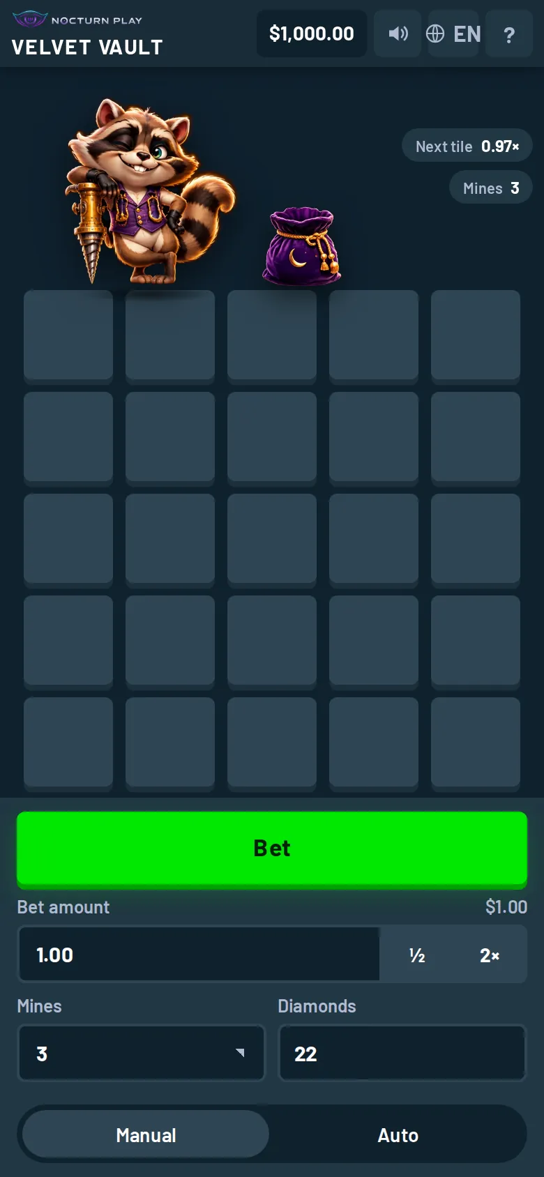 Velvet Vault on an upright phone, the 5x5 grid above the bet and mines settings
