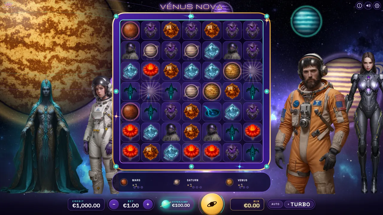 Vénus Nova slot 7x7 cluster grid with the crew of astronauts