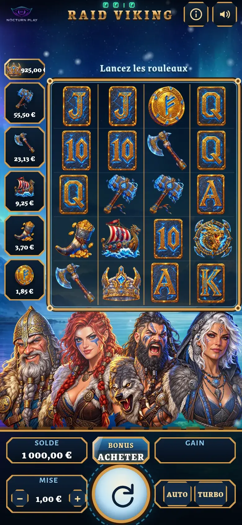 Raid Viking sur un téléphone tenu droit, grille de 4 sur 5 et échelle des runes